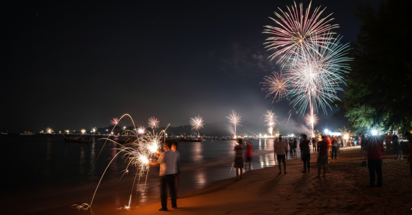 Thailand beach fireworks lighting up Hua Hin shoreline during a New Year’s Eve celebration